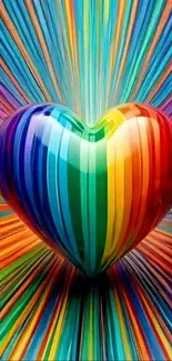 Vibrant rainbow heart with colorful streaks in the background.