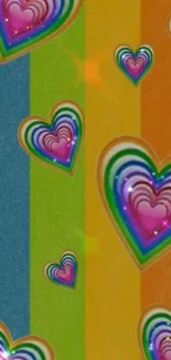 Vibrant, colorful heart and rainbow striped mobile wallpaper.