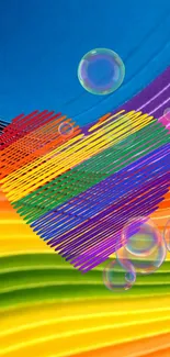 Vibrant rainbow heart with colorful stripes and bubbles on a mobile wallpaper.