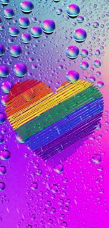 Heart with rainbow colors and water droplets on a vibrant gradient background.