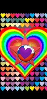 Colorful heart-themed mobile wallpaper with a rainbow design and star centerpiece.