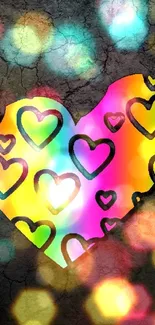 Colorful rainbow heart on black texture background.