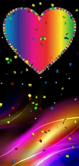 Rainbow heart with cosmic colorful background.