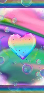 Vibrant heart and rainbow themed mobile wallpaper with bubbles and pastel colors.