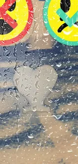 Heart-shaped shadow on rainy window with colorful symbols.