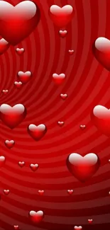 Red swirling background with floating hearts.