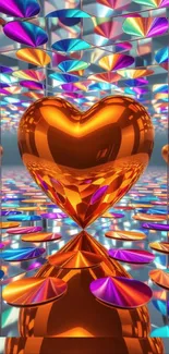 Vibrant orange heart with colorful reflections.