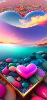 Heart-shaped reflection with vibrant sunset and pebbles.