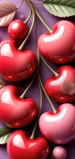 Heart-shaped cherries on purple background wallpaper.