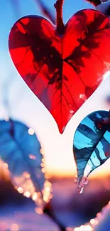 Colorful heart-shaped leaves against a sunset backdrop.