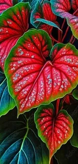 Colorful heart-shaped leaves wallpaper with red and green hues.