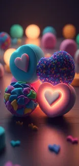 Vibrant 3D hearts and colorful candies glowing in a soft ambiance.