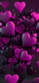 Vibrant cluster of purple heart shapes on dark background.