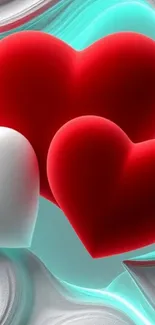 Vibrant red and white heart shapes on an abstract background wallpaper.