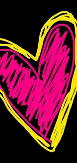 Colorful pink and yellow heart sketch on black background.