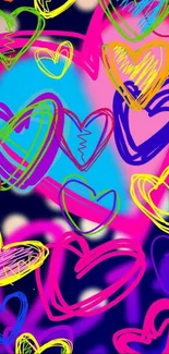 Vibrant hearts sketch wallpaper with colorful designs on a dark background.