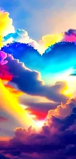 Vibrant heart-shaped sky with colorful clouds on a mobile wallpaper.