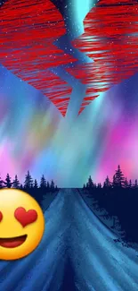 Aurora borealis with broken heart symbol over a nighttime forest road scene.