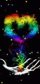 Colorful heart-shaped smoke art on black.