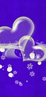 Purple wallpaper with heart shapes and snowflakes.