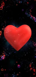 Glowing red heart in cosmic starry background.