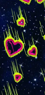 Neon hearts cascading through a starry dark blue galaxy wallpaper.