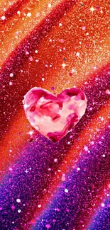 Vibrant heart sparkles on colorful wallpaper.