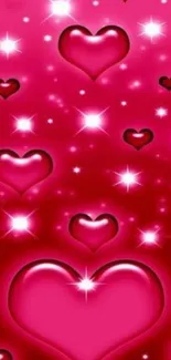 Glossy pink hearts and stars on a vibrant pink wallpaper.