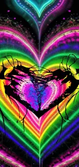 Colorful heart shaped rainbow wallpaper with artistic hands.