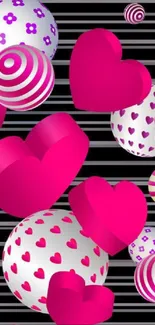 3D hearts and patterned spheres on striped background.