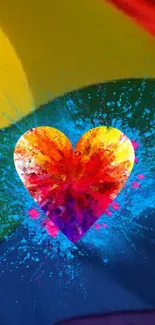 Vibrant rainbow wallpaper with a splashing heart design.