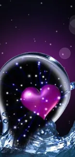 Vibrant purple heart with water splash on mobile wallpaper.