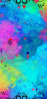 Colorful wallpaper with vibrant hearts on a blue background.