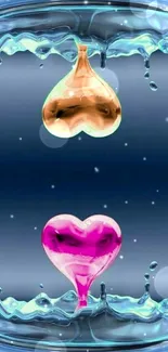 Mobile wallpaper with blue background, pink and gold heart splashes.