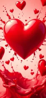 Red hearts with splash effect on wallpaper.