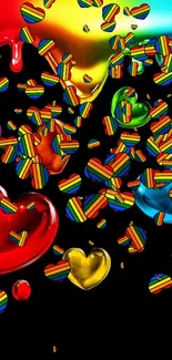 Vibrant hearts and colorful splash on black background wallpaper