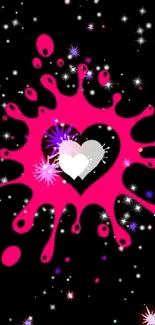 Heart splash on starry black wallpaper.