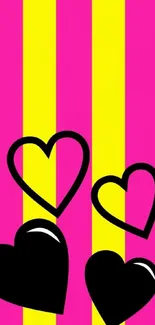 Vibrant mobile wallpaper with hearts and pink-yellow stripes.