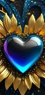 Golden sunflower with glossy blue heart center as phone wallpaper.