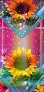 Heart-shaped vases with sunflowers in vibrant colors against a neon backdrop.