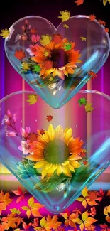 Heart-shaped glass with sunflowers surrounded by vibrant colors and leaves.