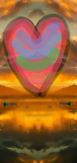 Colorful layered heart with sunset background.