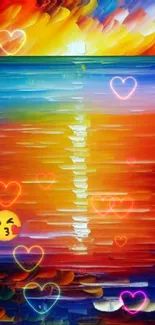 Colorful sunset wallpaper with hearts and kiss emoji.