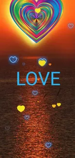 Colorful love heart with ocean sunset.