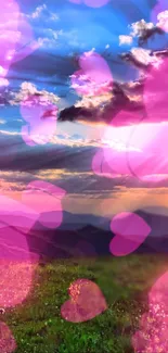 Sunset with pink hearts over scenic mountains, vibrant wallpaper.