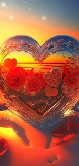 Vibrant sunset with glass heart and red roses on the beach.