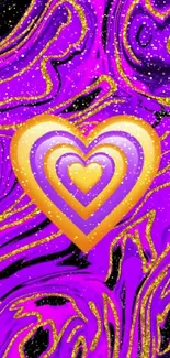 Purple and gold heart swirl mobile wallpaper with abstract design.