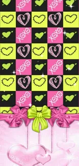 Vibrant heart-themed mobile wallpaper with pink and lime accents.