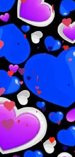 Vibrant heart-themed wallpaper with colorful hearts on black.