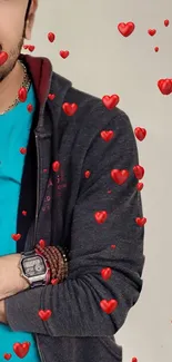 Casual look with red hearts overlay wallpaper.